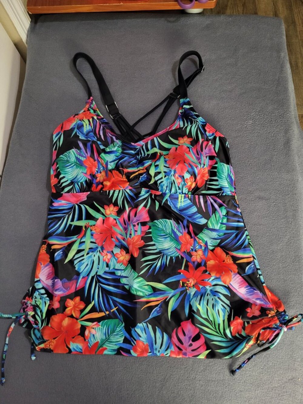 DACI Women's XL Two Piece Tankini Skirt Swimsuit Tropical Black - Picture 5 of 7